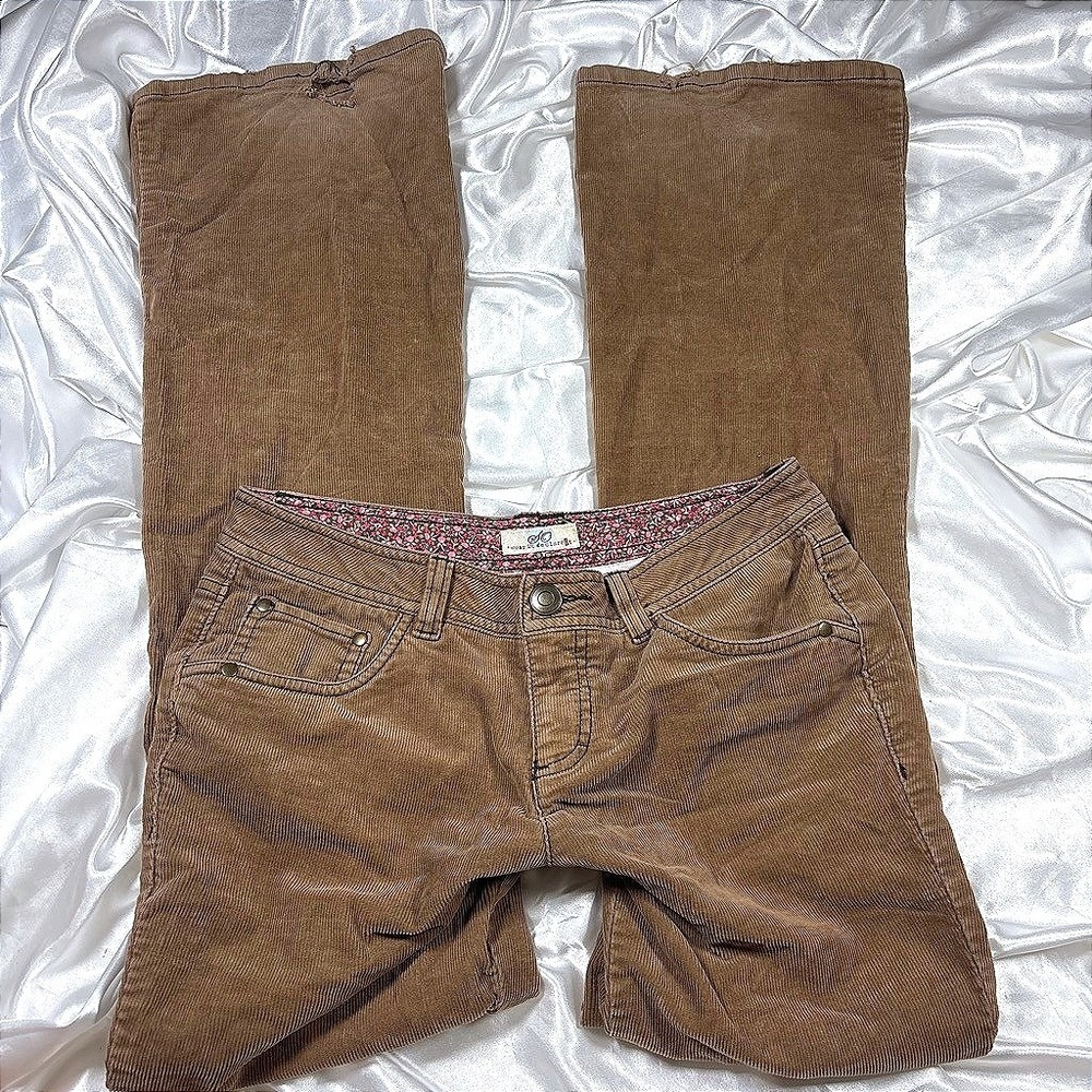 y2k SO Corduroy Pants Brown Fair Low Rise Flare Leg Floral Trim Retro Trousers